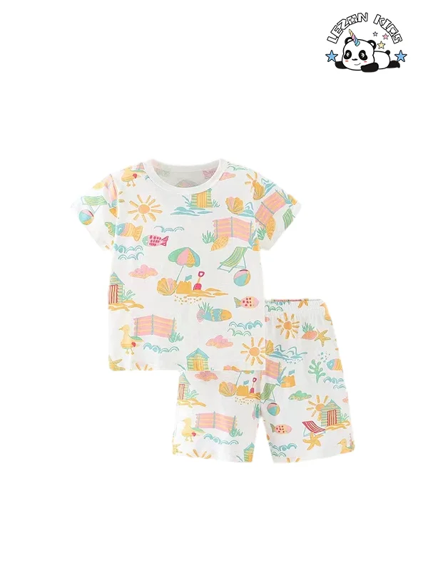 LEZONKIDS - Factory direct price pattern printing short t-shirt and shorts cute little girls clothing sets